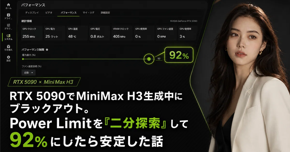 RTX 5090でMiniMax H3生成中にブラックアウト。電力最大（%）を「二分