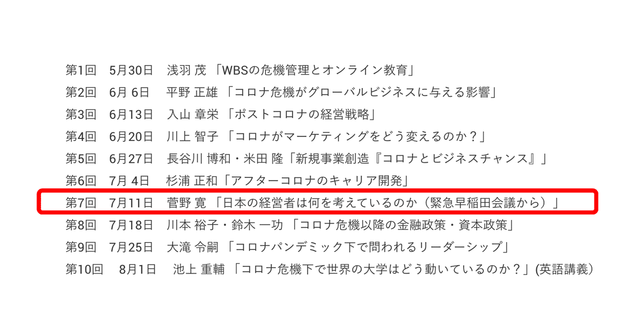 早稲田大学ビジネススクール緊急特別講義第7回 日本の経営者は何を考えているのか 緊急早稲田会議から 辻 貴之 Note