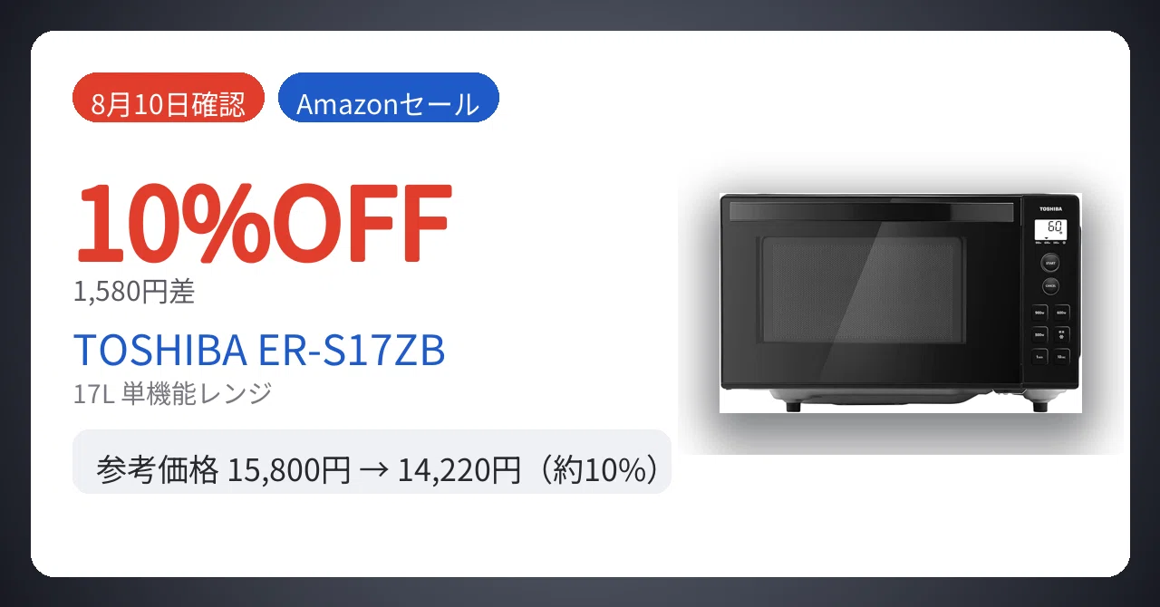 8月10日確認】1,580円差。東芝 電子レンジ ER-S17ZBが10%安い｜Yu-ga