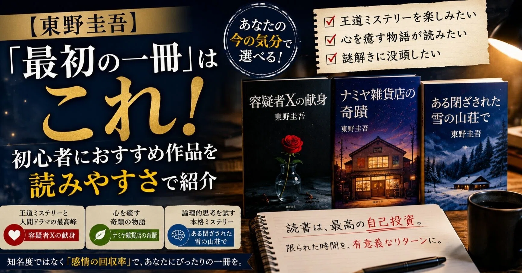 東野圭吾】「最初の一冊」はこれ！初心者におすすめ作品を読みやすさで
