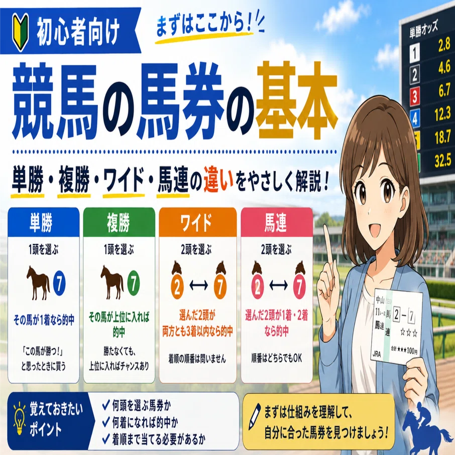 単勝・複勝・ワイド・馬連の違いは？競馬初心者が最初に覚えたい馬券の