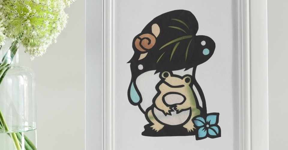フリー図案no 041 カエルの雨宿り の切り絵 華色切絵 平石智美のカラー切り絵を楽しむnote Note