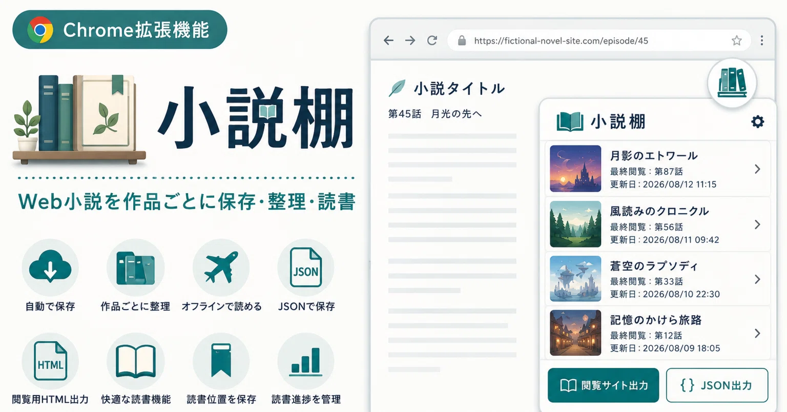 読んでいる小説を作品別に保存できるChrome拡張機能「小説棚」を公開