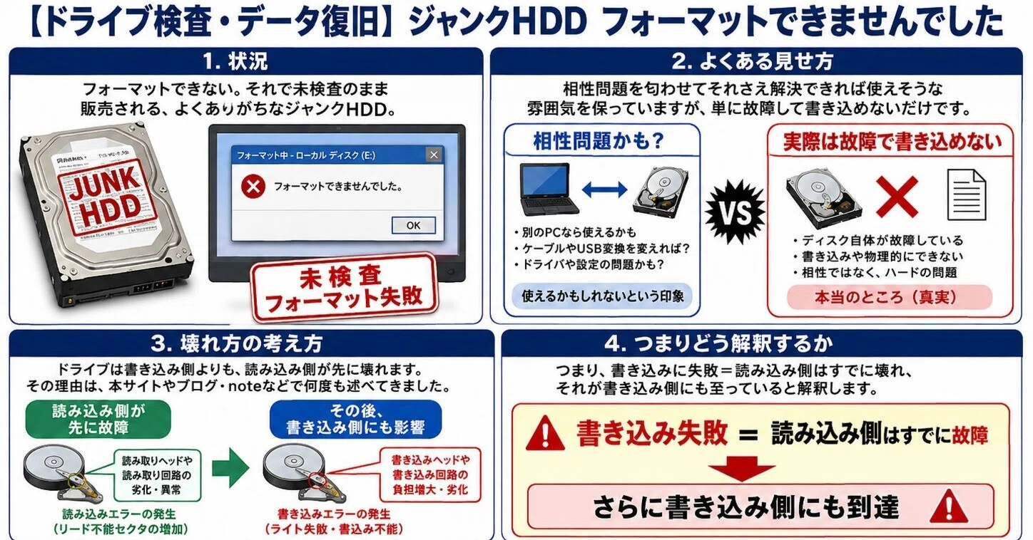 ドライブ検査・データ復旧】ジャンクHDD フォーマットできませんでした