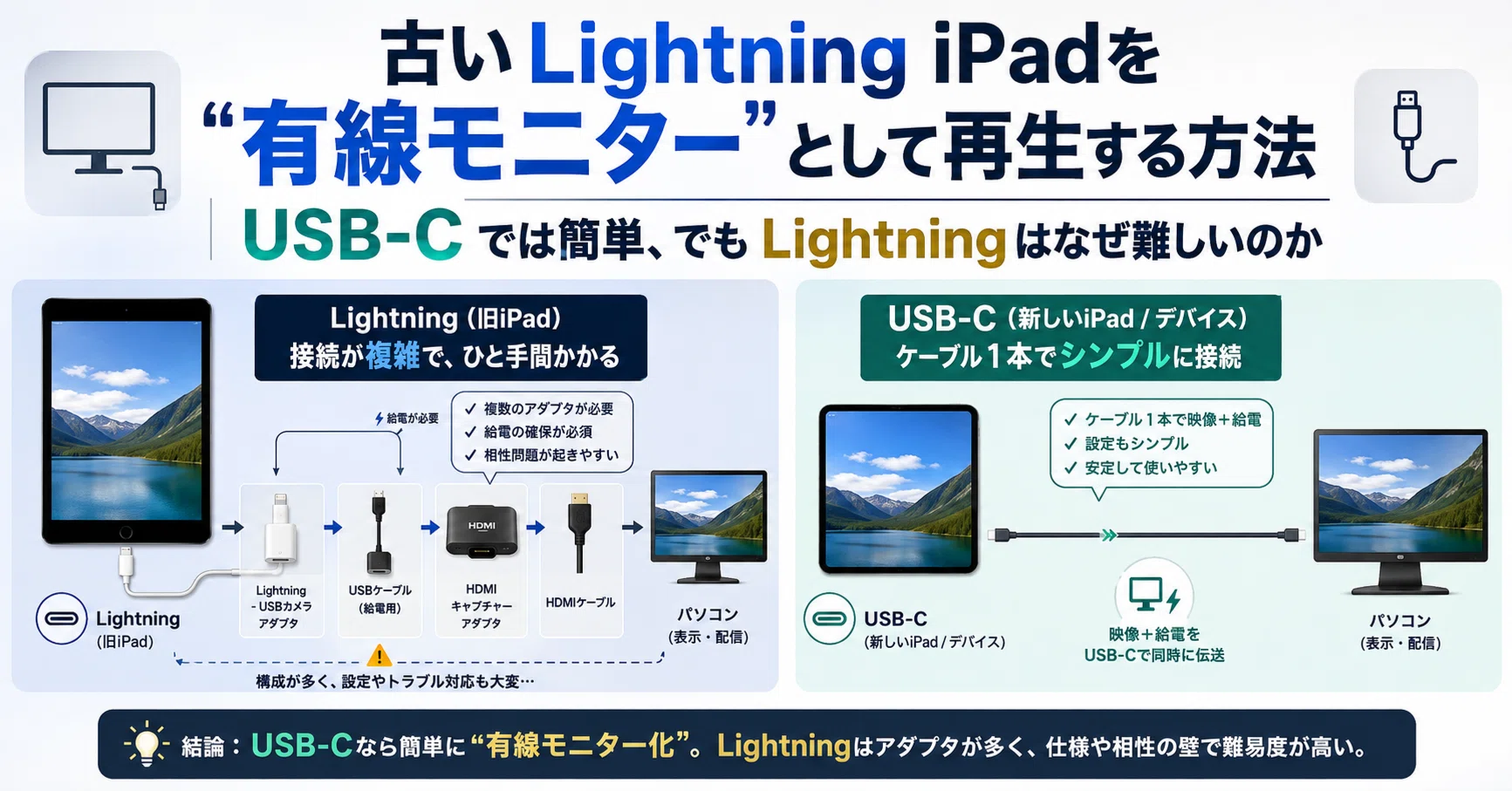 古いLightning iPadを“有線モニター”として再生する方法｜USB-Cでは