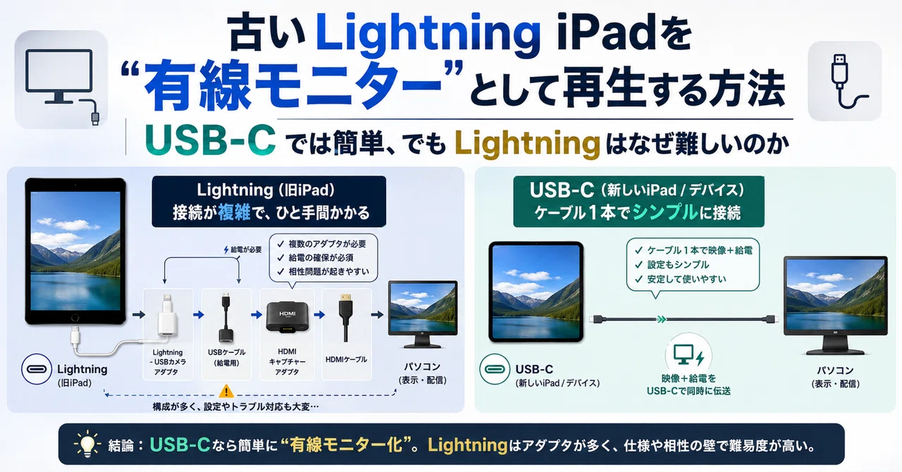 Lightning iPadをモニターとして使用できる 古いLightning iPadを“有線モニター”として再生する方法｜USB-Cでは