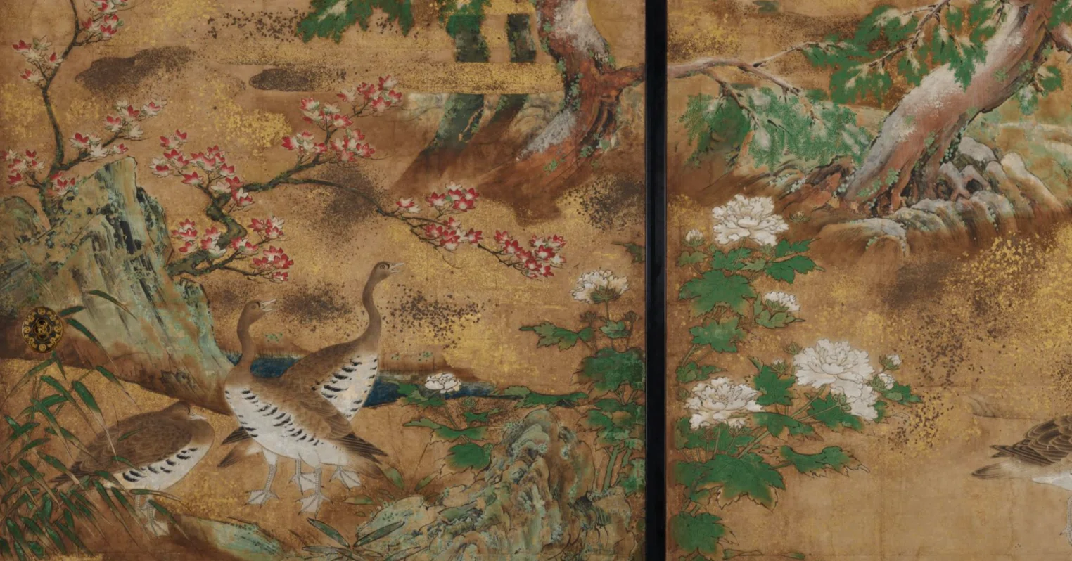 【アンティーク】野の花図　12ヶ月金屏風　絵画　朱色木枠　明治〜大正期　大型木箱 大英博物館展出品作②狩野宗眼重信《秋冬花鳥図襖》桃山時代末-江戸