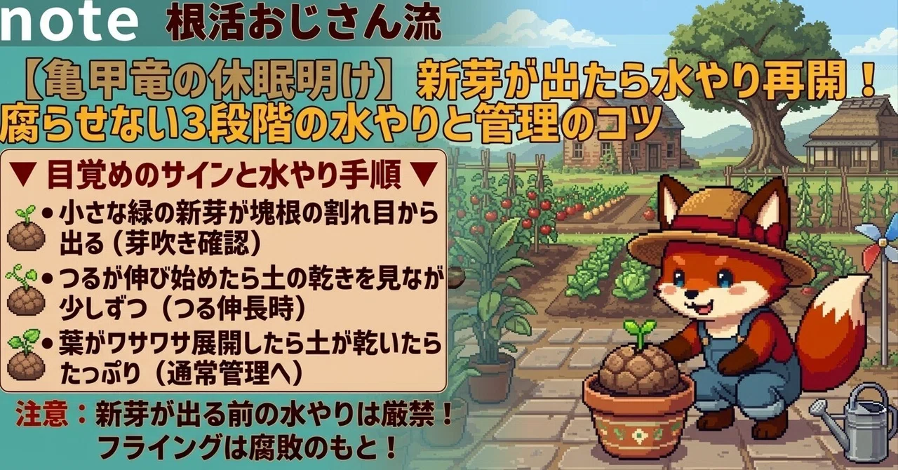 亀甲竜の休眠明け】新芽が出たら水やり再開！腐らせない3段階の水やり