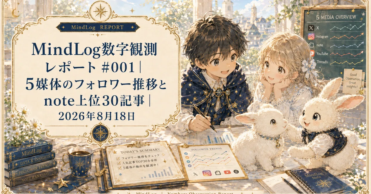 MindLog数字観測レポート #001|5媒体のフォロワー推移とnote上位30記事|2026年8月18日|Mind Log