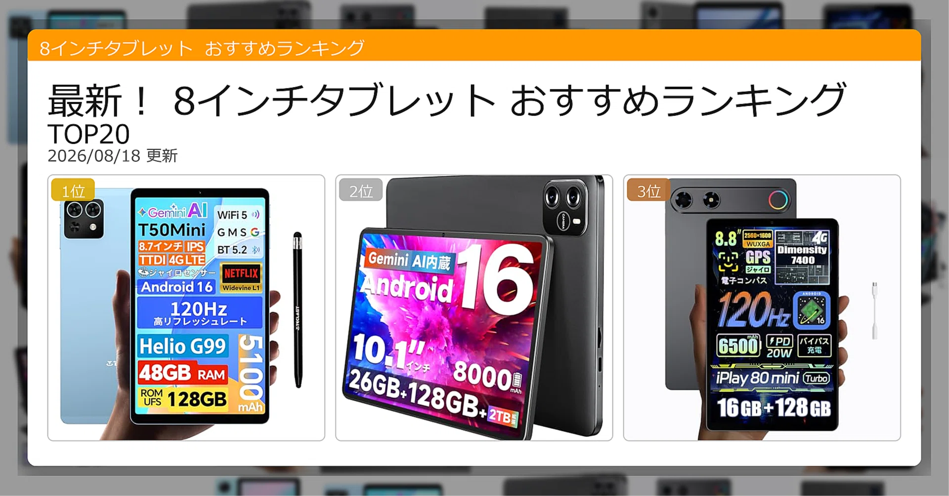 最新！8インチタブレットおすすめランキングTOP20（2026年08月
