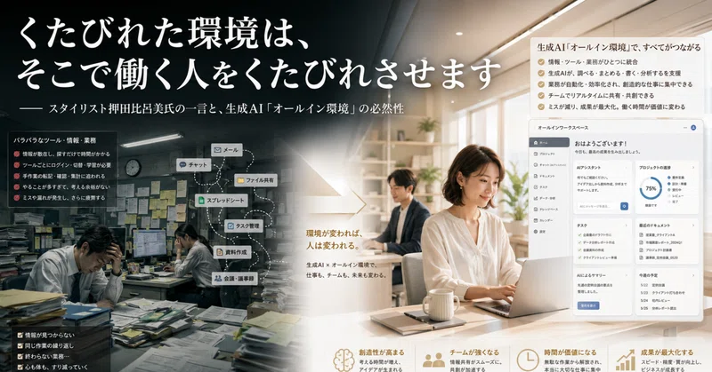 くたびれた環境は、そこで働く人をくたびれさせます―― スタイリスト押田比呂美氏の一言と、生成AI「オールイン環境」の必然性 eyecatch