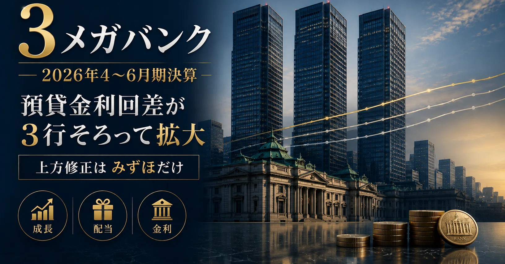 超ギガバンク・メガ公庫の未来戦略 : 旧国営金融は国を潤すか 3メガバンク（8306・8316・8411）2026年4〜6月期決算｜預貸金利回差が3
