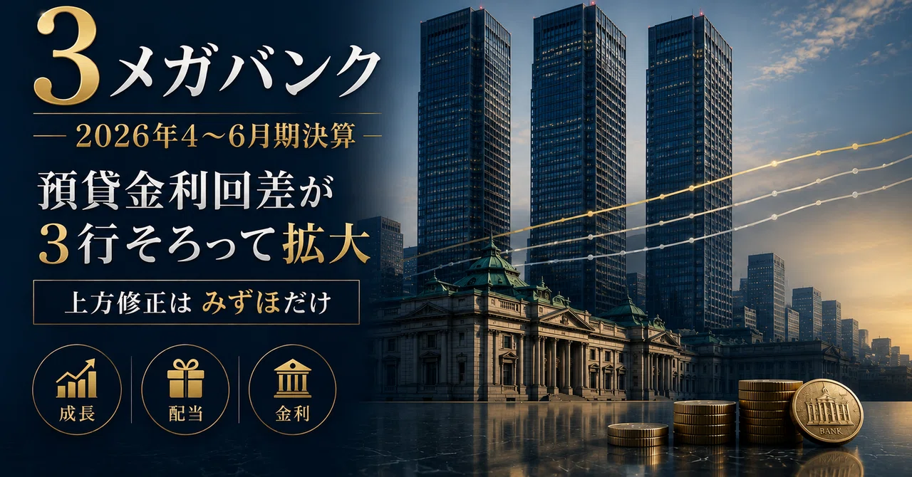 3メガバンク(8306・8316・8411)2026年4〜6月期決算|預貸金利回差が3行そろって拡大、上方修正はみずほだけ