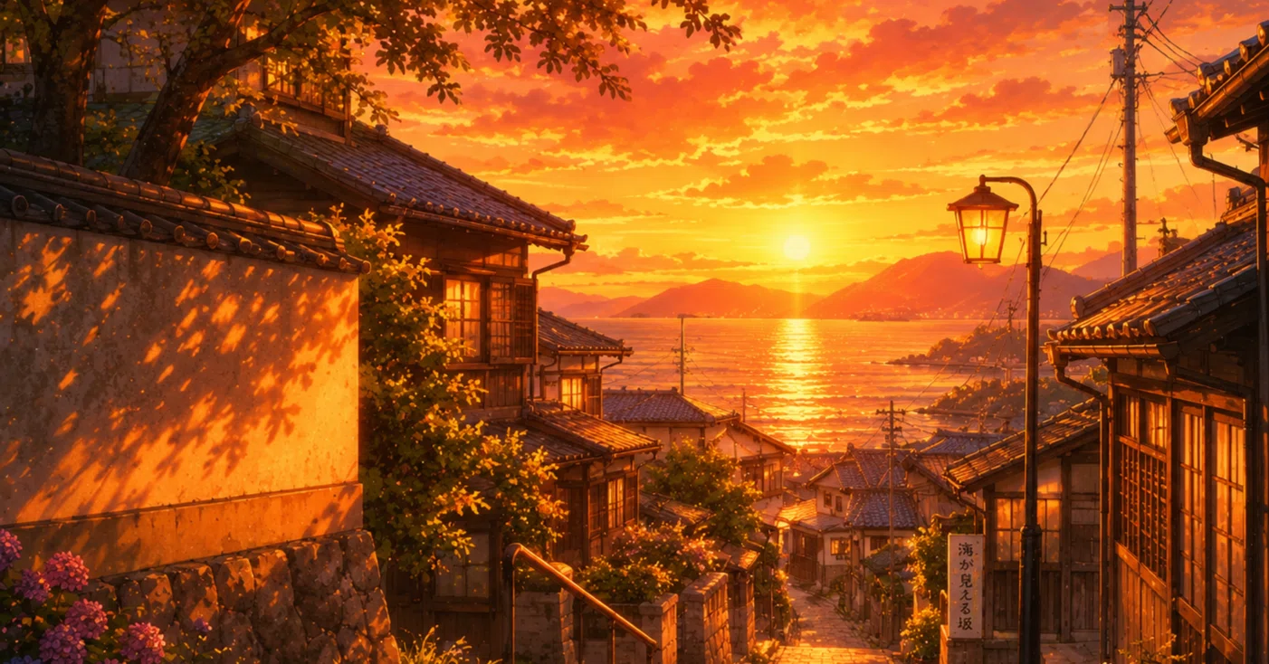 暖色系の夕暮れの光に包まれる夏。海が見える坂道で出会ったゴールデン