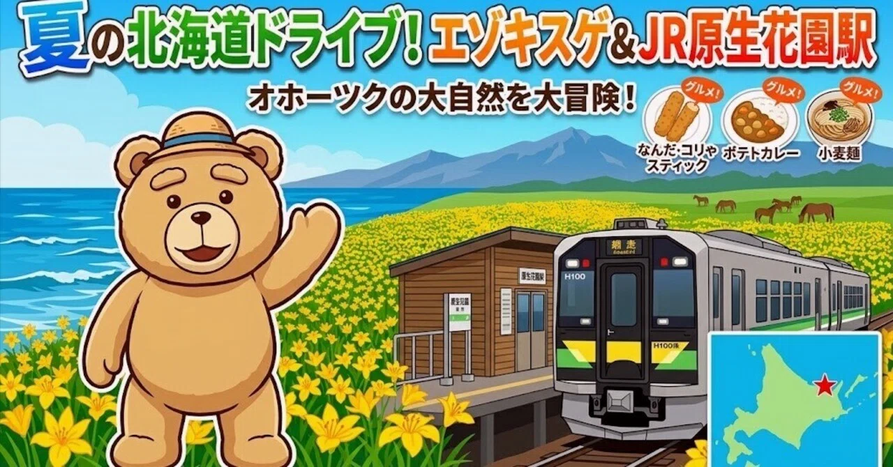 夏の北海道ドライブ｜青空と黄色い花畑が広がる小清水原生花園へ。JR釧網本線のレア列車にも遭遇！