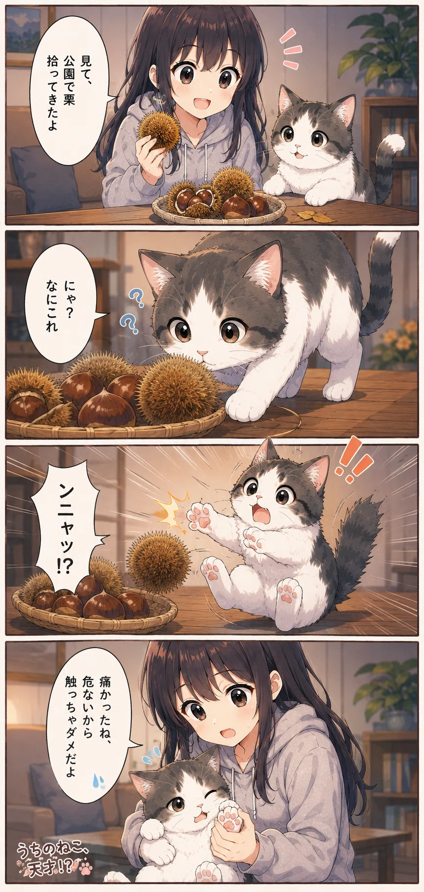 4コマ漫画「うちのねこ、天才!?」第256〜258話：お月見の支度と秋の