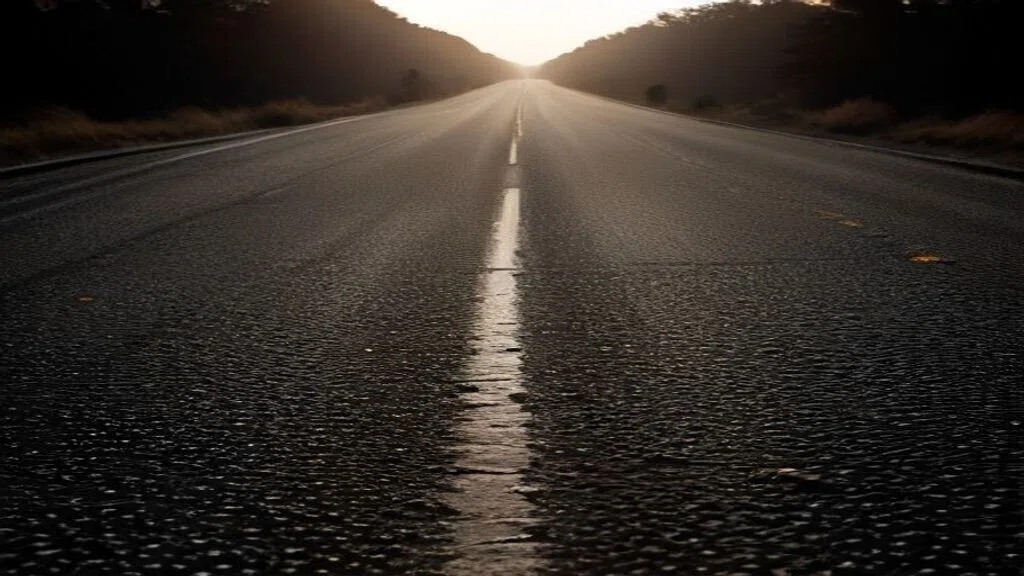 夕暮れの濡れた路面