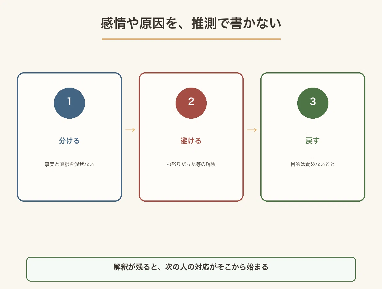 事実と解釈を混ぜず、感情の決めつけを避け、履歴の目的が担当者を責めないことだと示す図