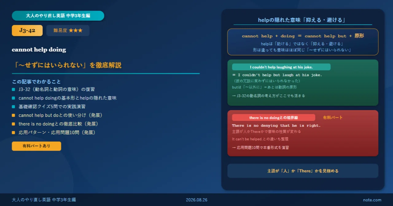 J3-42】cannot help doingとは？「〜せずにはいられない」を徹底解説