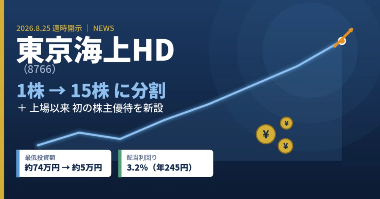 56】東京海上HD（8766）が1株→15株の株式分割＋上場以来初の株主優待