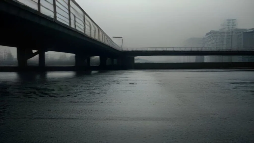 川をまたぐ橋の歩道。冬の朝で、人はいない