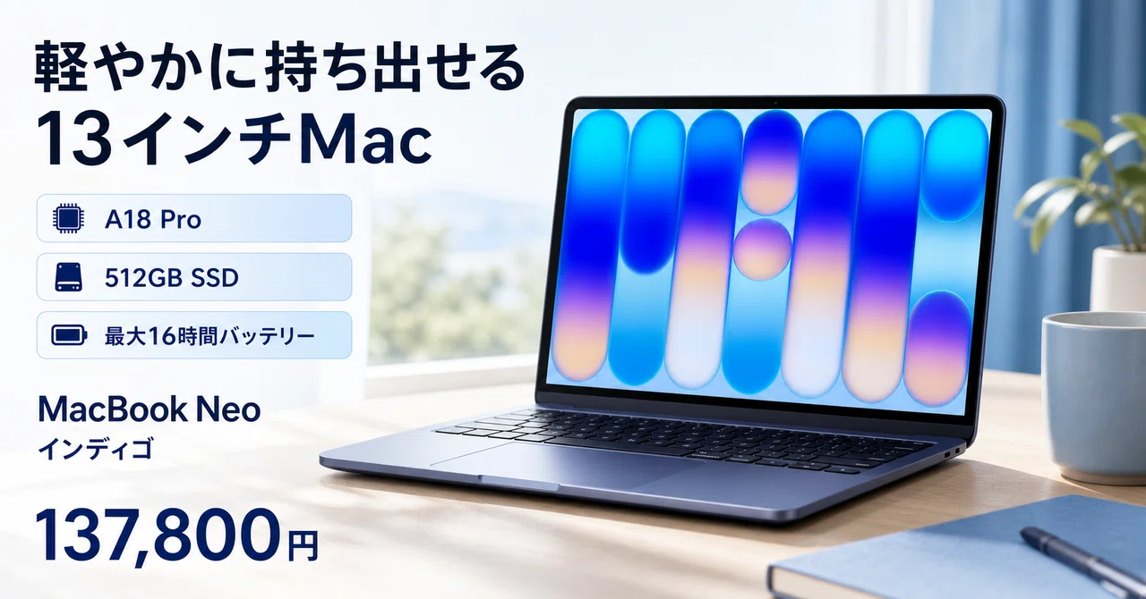 A18 Proチップ搭載MacBook Neo。16時間バッテリーで一日中、写真も
