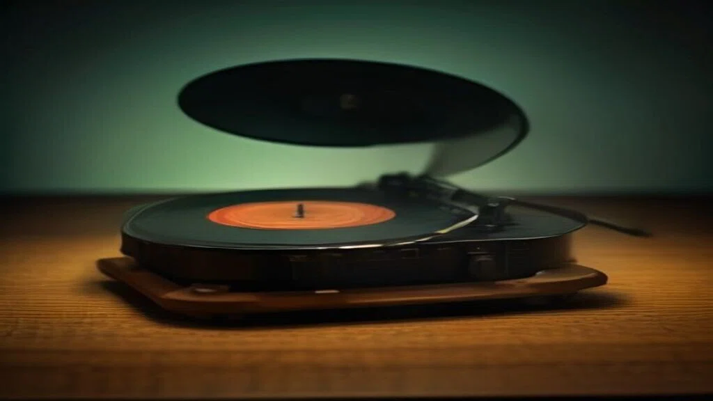 暗い部屋に置かれた古いレコードプレーヤーと、オレンジ色のラベルの盤