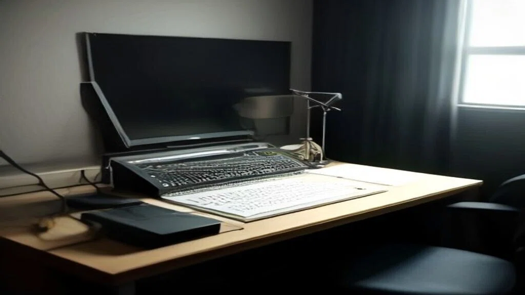 暗い部屋の机。モニターとキーボード、細いスタンドが置かれている。人はいない