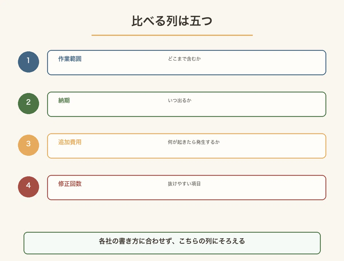 作業範囲・納期・追加費用・修正回数という比べる列を並べた図