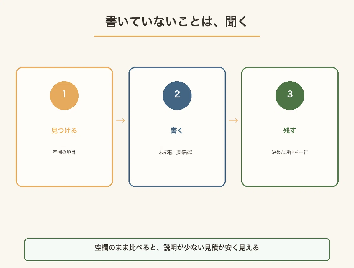 空欄を見つけて未記載と書き、決めた理由を一行残す三段階の図