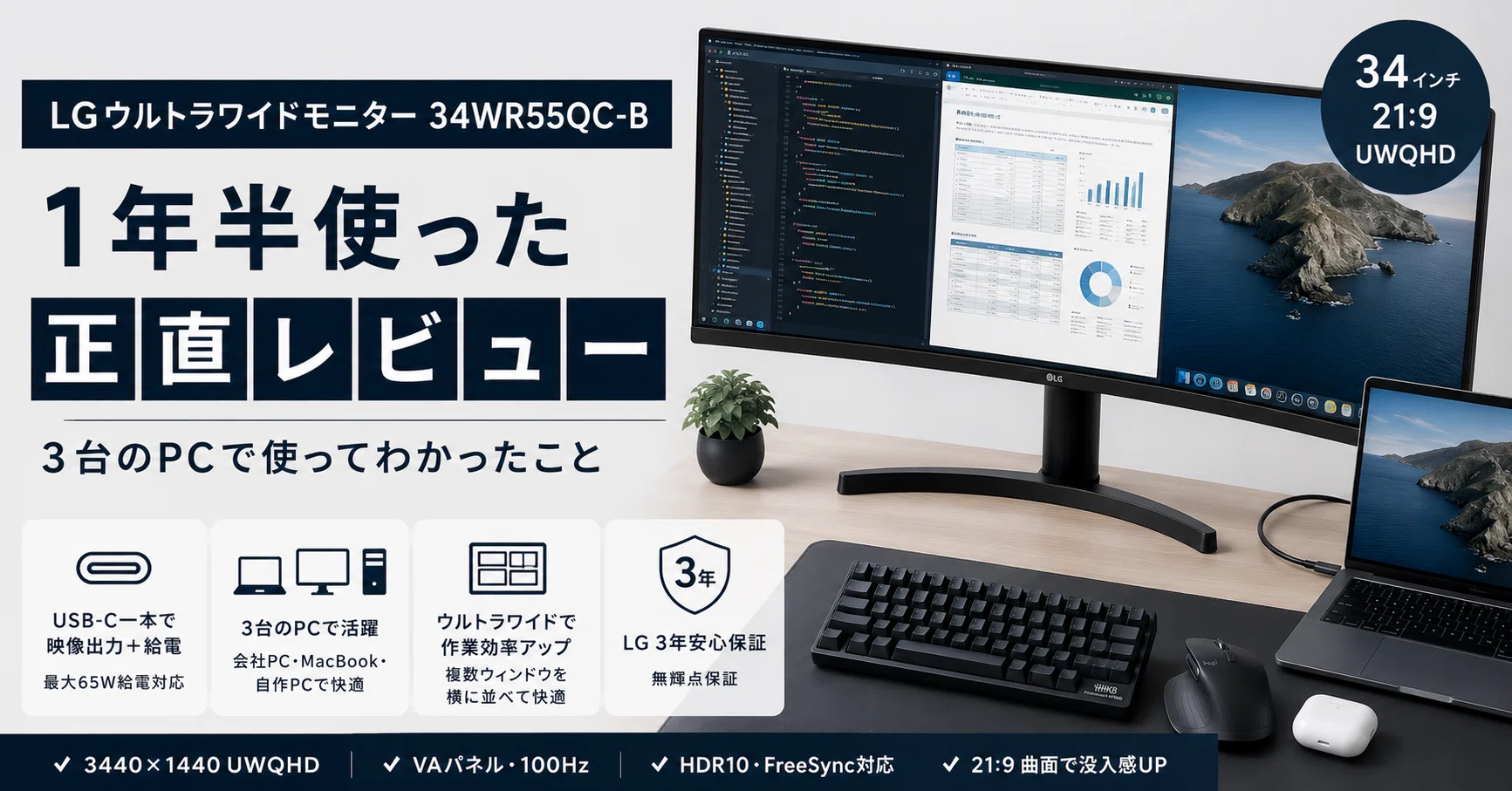 LGウルトラワイドモニター34WR55QC-Bを1年半、3台のPCで使った正直