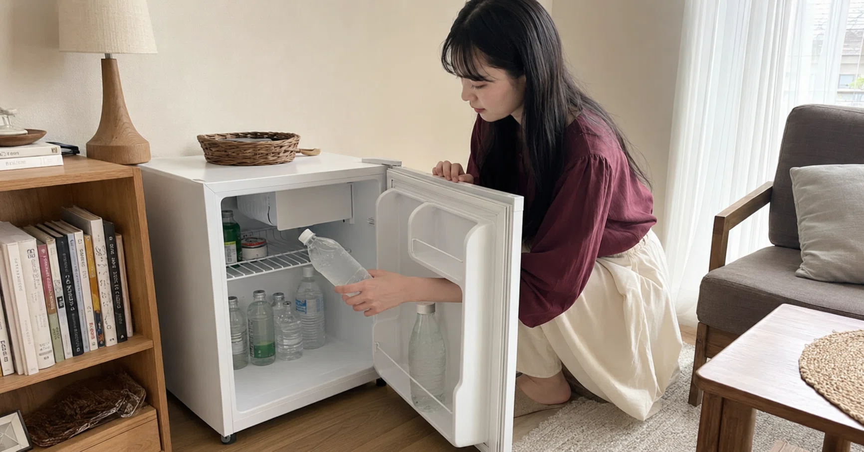 飲み物をすぐ手元に、MAXZEN 47L小型冷蔵庫のある暮らし｜キツネ