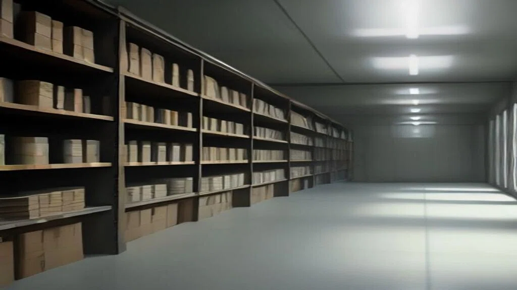 うす暗い倉庫。長い棚に平たい箱と円い缶がぎっしり並んでいて、どれにも文字は書かれていない。通路の天井の照明だけが点いている。人はいない
