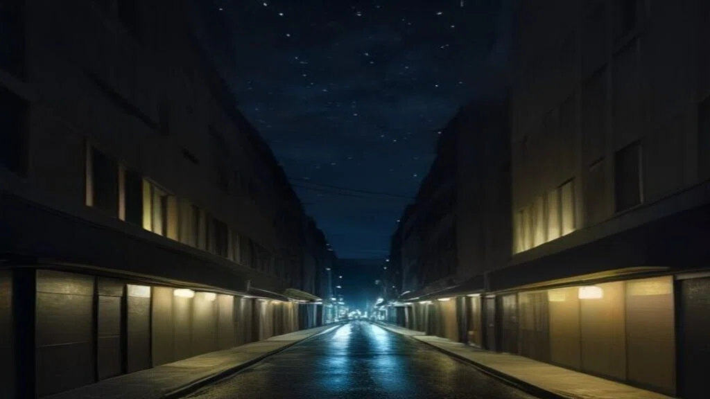 夜の路地。両側にシャッターの下りた低い建物が続き、軒下の明かりだけが点いている。濡れた路面がその光を映している。人はいない