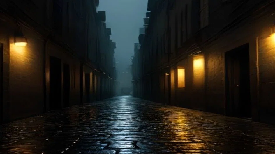 雨あがりの夜の路地。濡れた石畳が両側の壁の明かりを黄色く映している。奥は霧で白くかすみ、突き当たりは見えない。人も車もいない