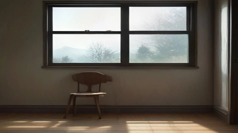 窓辺に木の椅子が一脚だけ置かれた部屋。大きな窓の外は霧がかかり、遠くの山と木立がぼんやり見える。手前の床には朝の光が薄く伸びている。人はいない