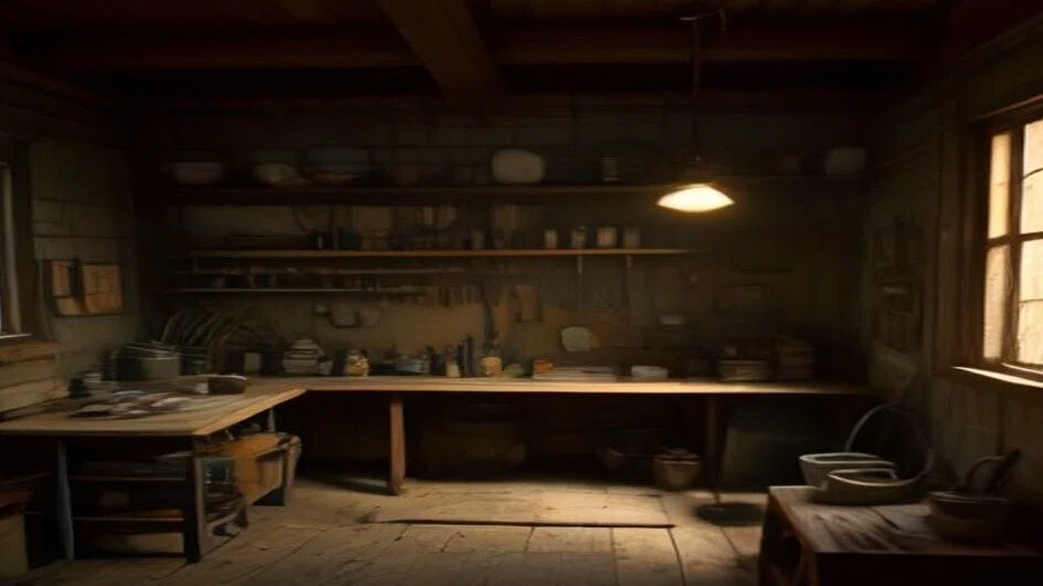 板張りの薄暗い作業小屋。長い木の作業台に道具や器がぎっしり並び、天井から下がった笠つきの電灯がひとつだけ灯っている。人はいない