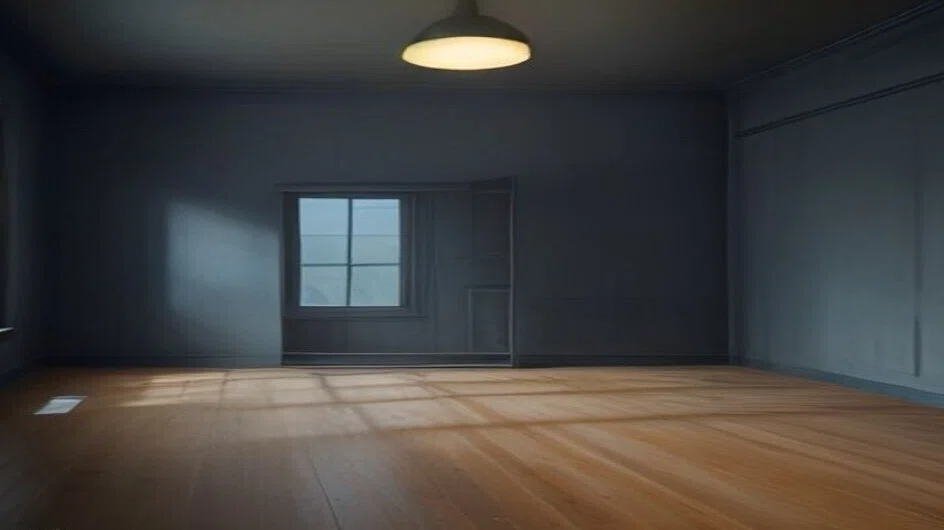 がらんとした部屋。天井の笠つき電灯が橙色に灯り、正面の窓からは冷たい青い光が入っている。床は板張りで、家具は何もない。人はいない
