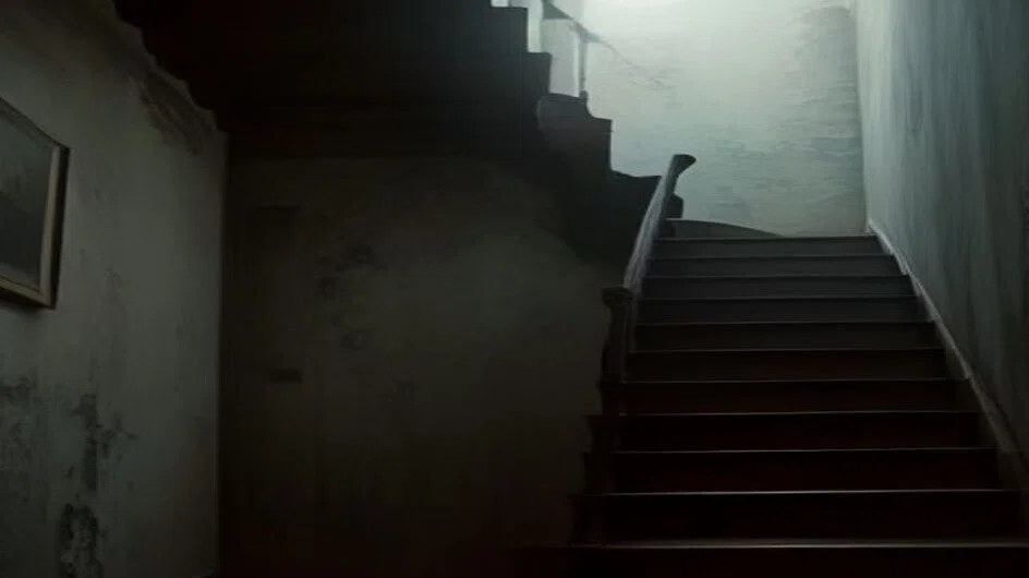 暗い家の中の木の階段を、下から見上げたところ。段が一段ずつ上へ続き、上のほうだけ白い光が当たっている。手すりが壁沿いに伸びる。人はいない