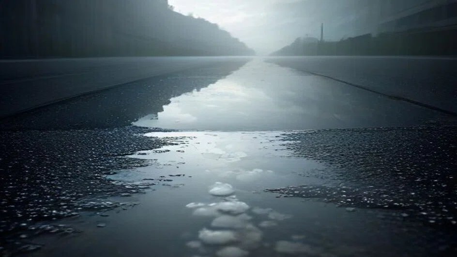 雨あがりの黒いアスファルトに薄く水が広がり、空の明るさがそのまま映り込んでいる。奥の街並みは霞んで、輪郭がはっきりしない