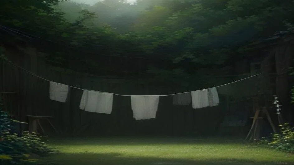 木立に囲まれた庭に物干しロープが一本だけ張ってあり、白い布が数枚、風のない空気の中で垂れ下がっている。足もとは明るい草地