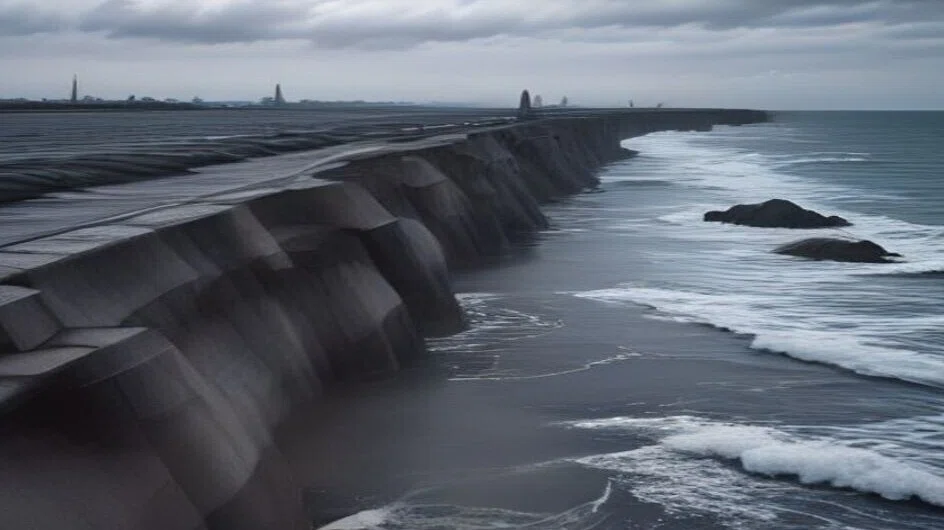 灰色のコンクリートの護岸が、同じ形のまま海沿いにどこまでも続いている。右手では波が砂に打ち寄せ、空は厚い雲。人はいない