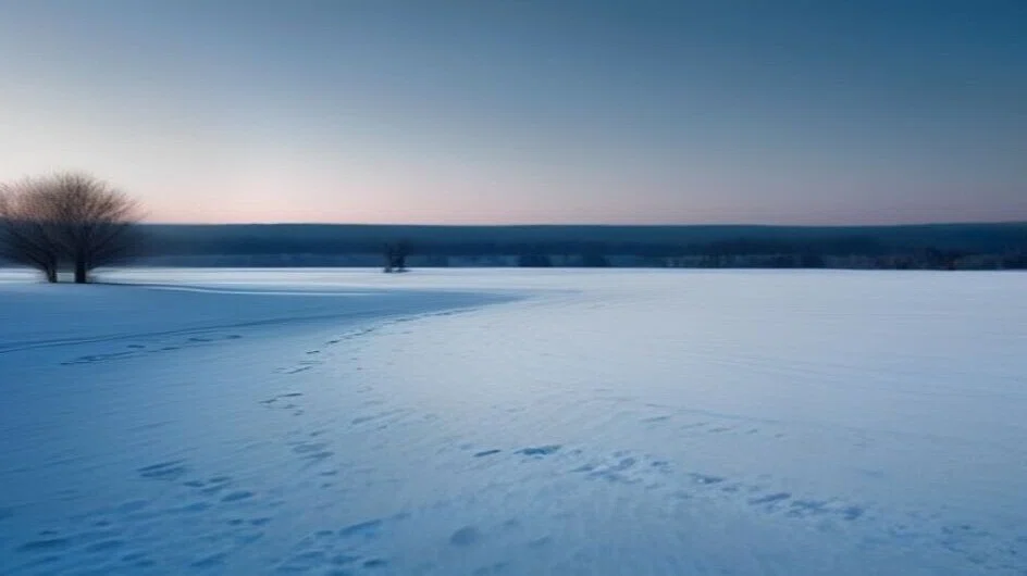 夕暮れの雪原。うっすら青みがかった雪の面が地平線まで平らに続き、左手のほうに葉の落ちた木が一本だけ立っている。人はいない
