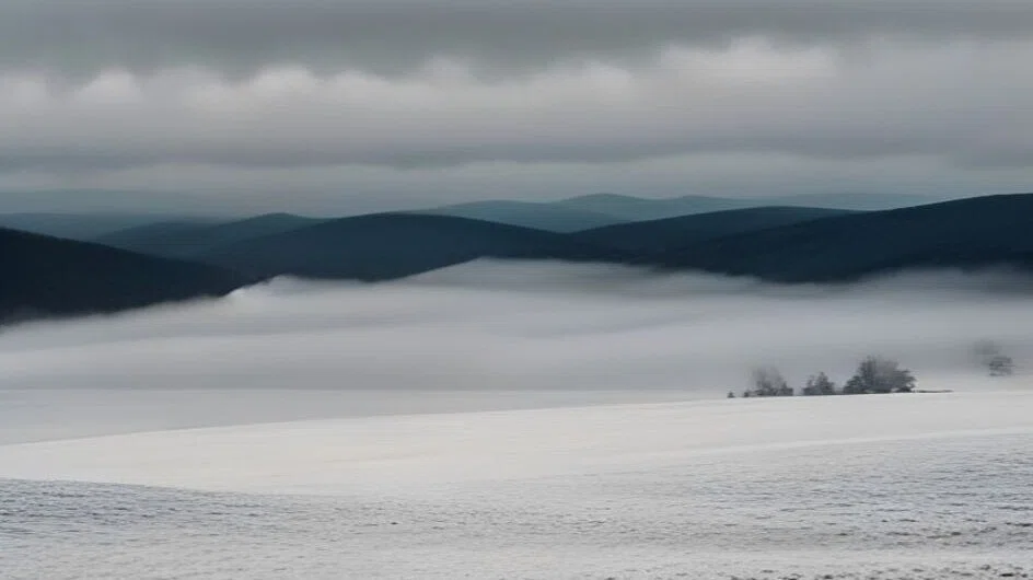 雪におおわれた広い野の向こうに、白い霧が長い帯になって横たわり、その奥では低い山並みが幾重にも重なりながら薄れていく