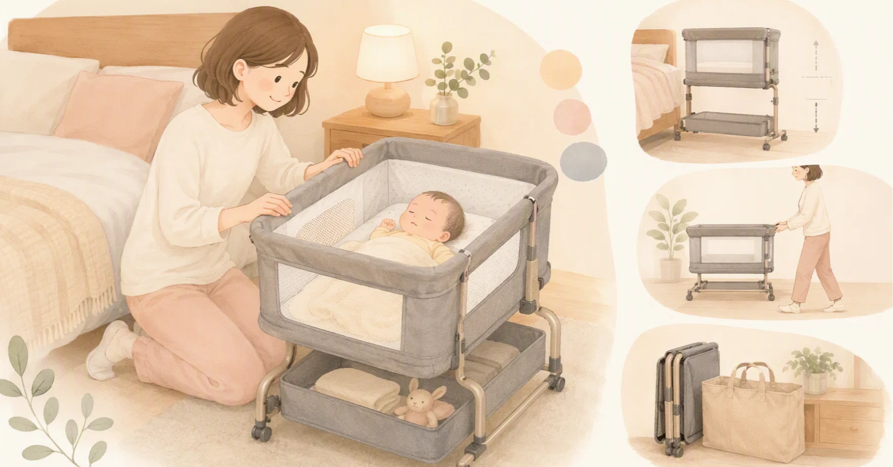 添い寝対応の折りたたみベビーベッド、設置高さ・移動・収納で比べる