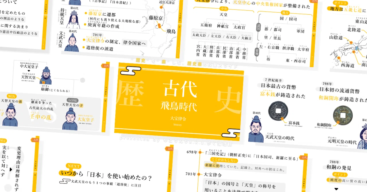 【中学歴史のスライド】「古代(飛鳥時代)大宝律令」の授業を楽しむための、授業パワポ【指導案・授業案】|ゆとりんり