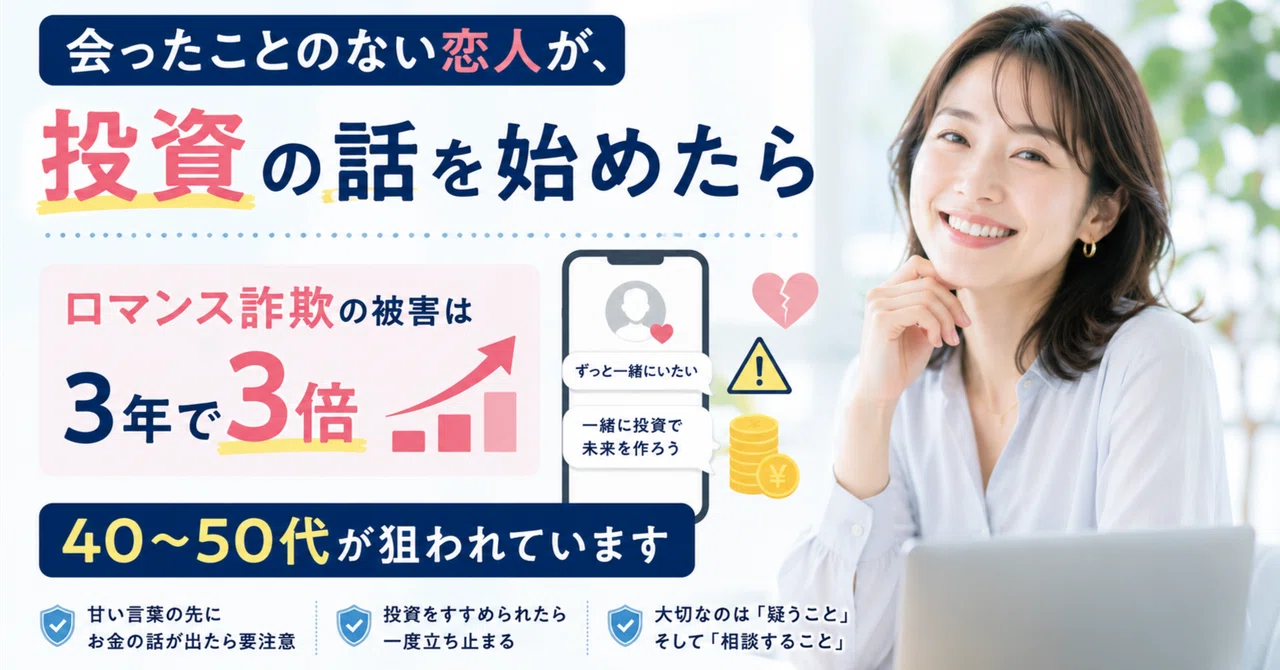 会ったことのない恋人が、投資の話を始めたら｜ロマンス詐欺の被害は3年で3倍、40〜5…