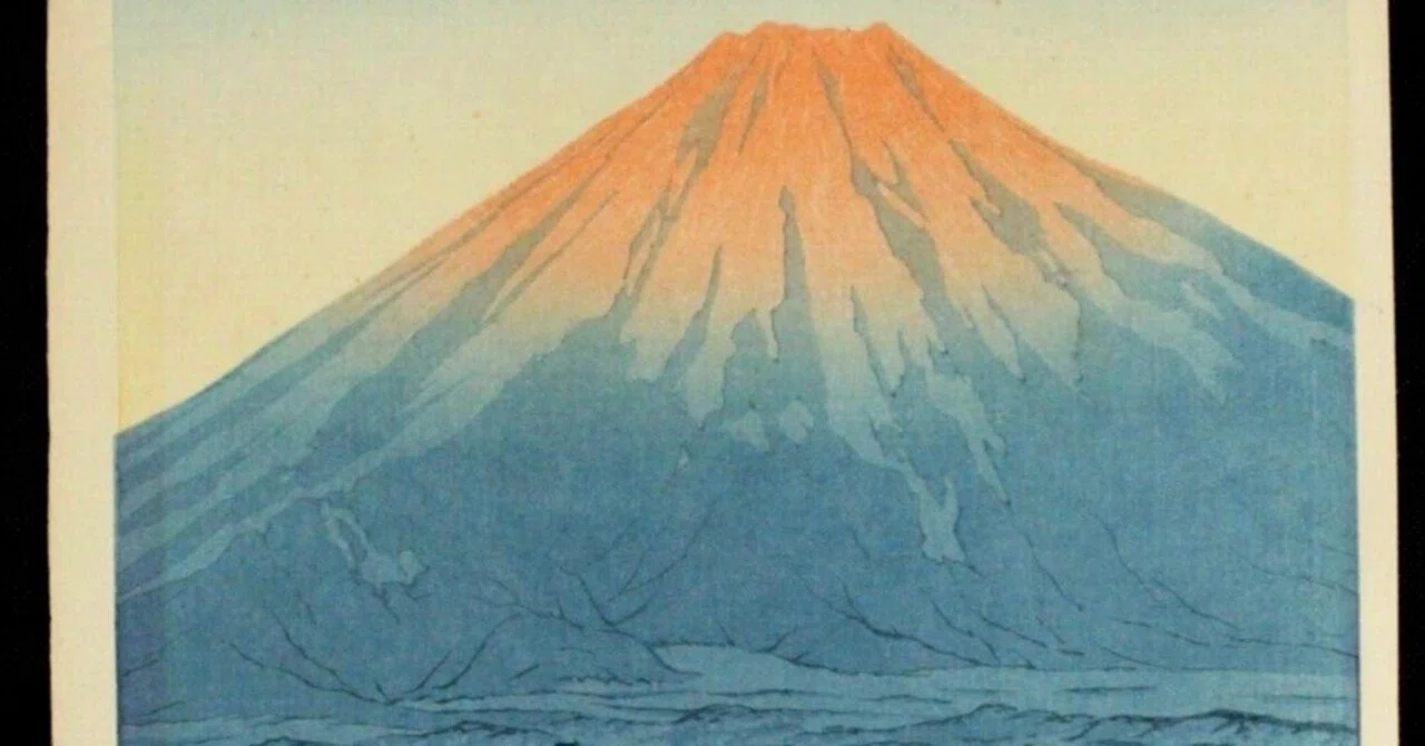 #川瀬巴水　#山中湖の暁　油性色鉛筆画　模写　#Hasui Kawase 川瀬巴水「山中湖の暁」― 夜明けの富士に染まる、一瞬の色｜昭和版画
