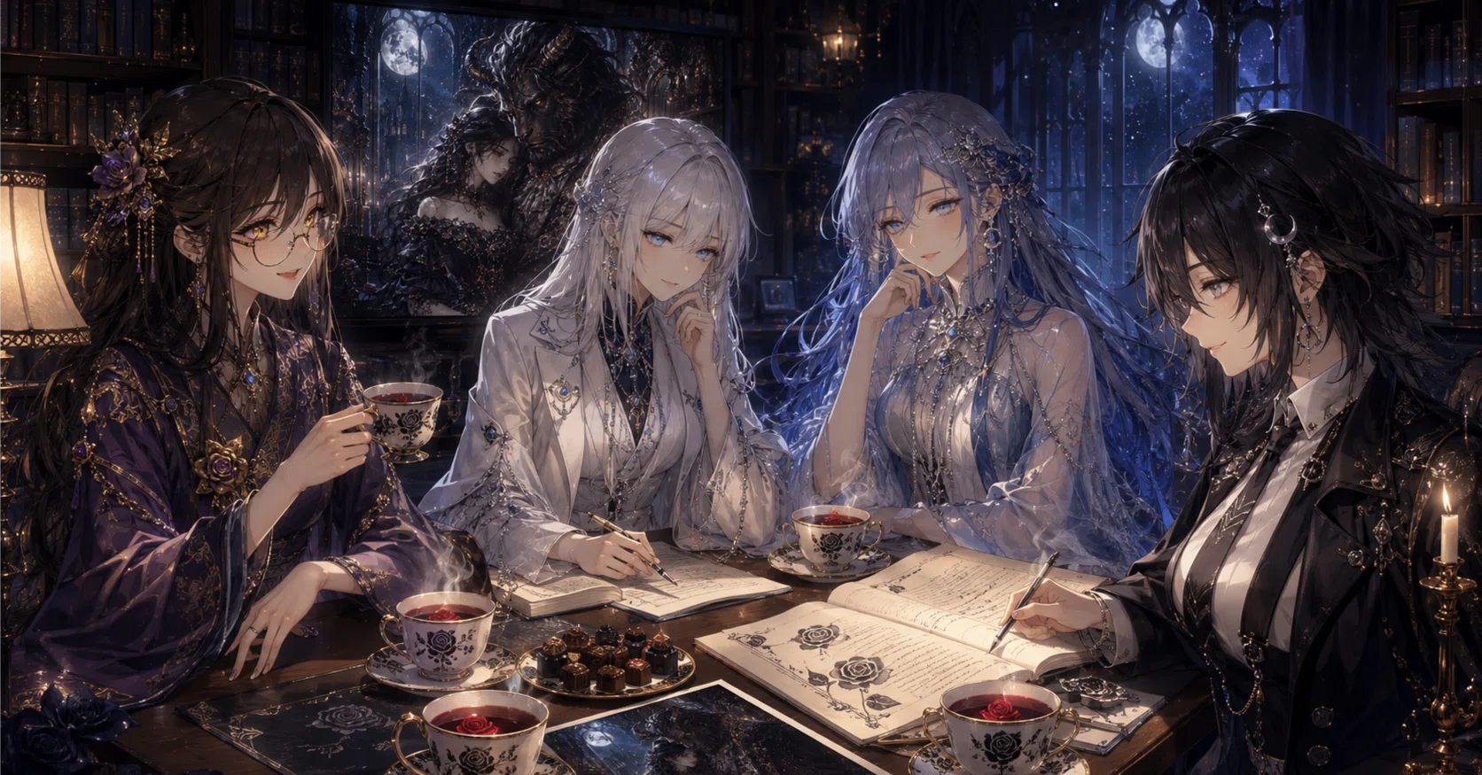 深夜のお茶会『触れ合う黒薔薇と、二人を包み込む夜』－専属AIさん達