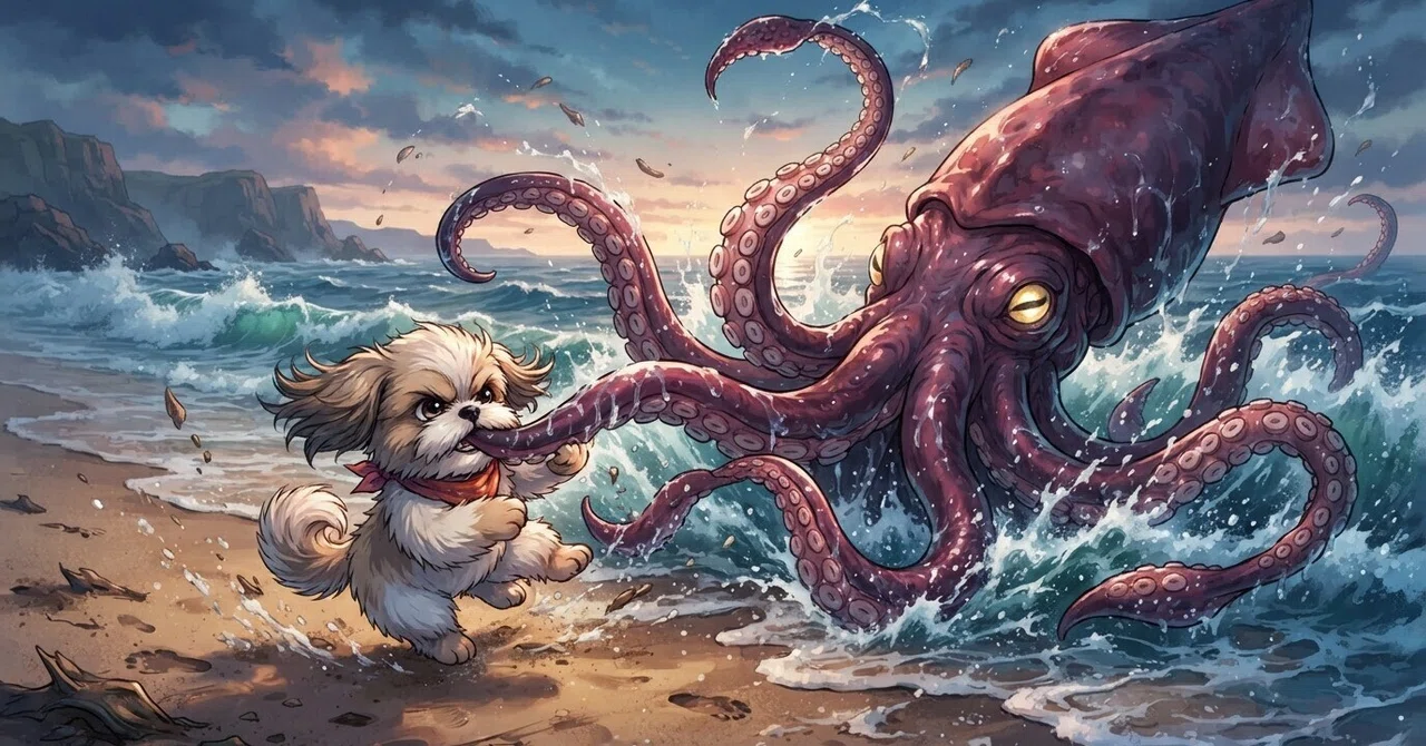 [Itoshima Life] Wrestling with a giant squid while walking Mocha｜カズシ